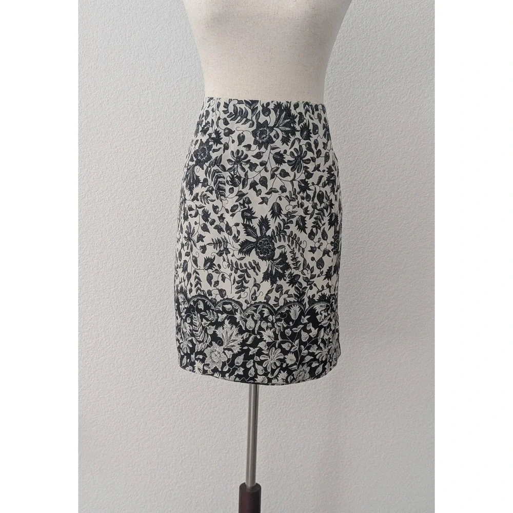 Vintage Womens Black Cream Floral Batik Print Pencil Skirt  Size 12